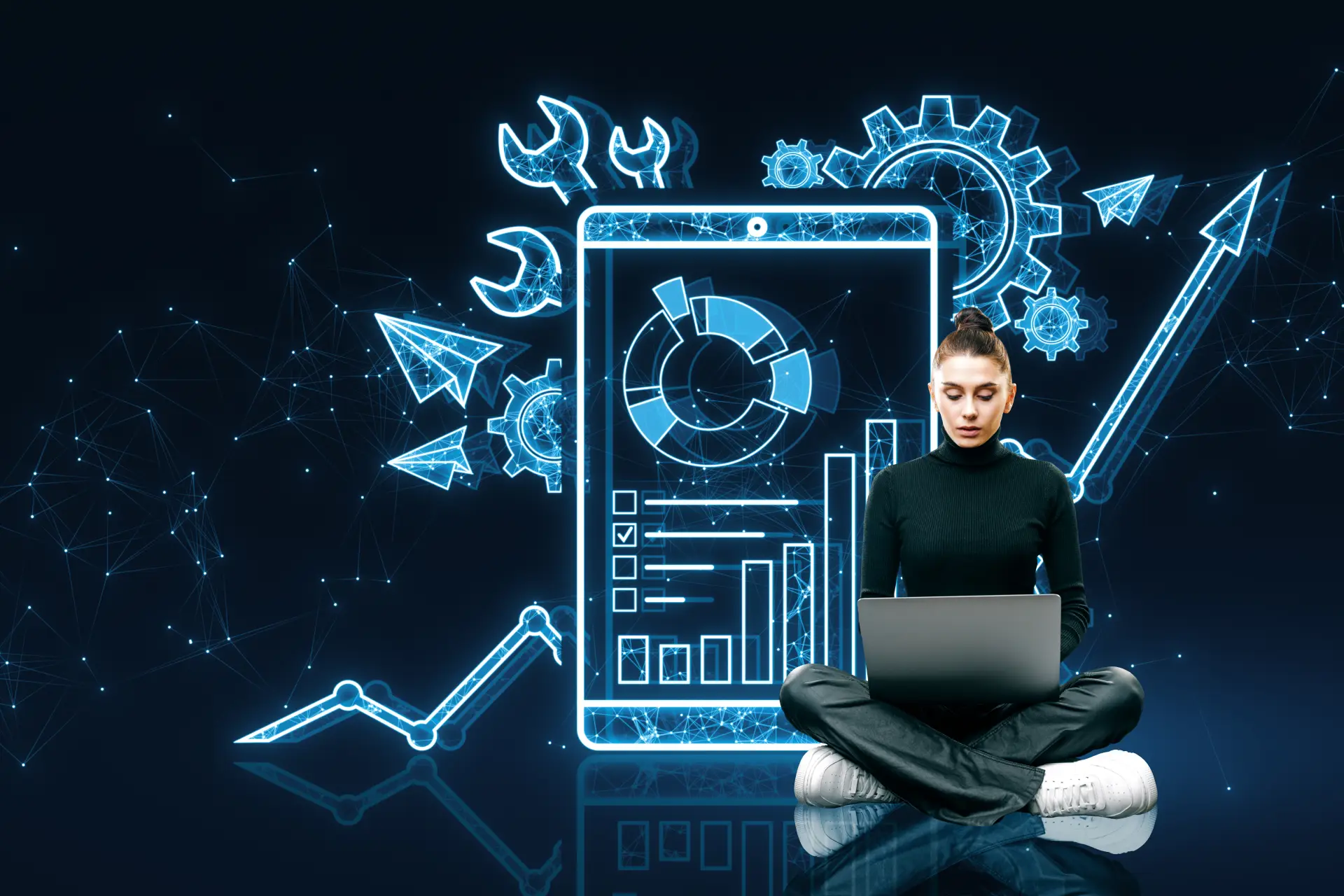 thoughtful-young-woman-with-laptop-creative-polygonal-interface-with-cogs-business-chart-blue-background-project-management-maintenance-tool-online-finance-system-concept.webp